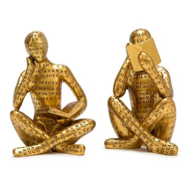 Imagem de Estátua de leitura dourada antiga, conjunto de 2 estantes, esculturas de pensador de arte abstrata, estatueta estética moderna, ornamentos de decoração de casa para sala de estar, escritório