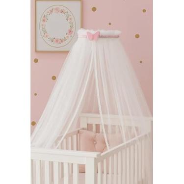 Imagem de Dossel com Mosquiteiro para Berço Americano – Tule com Pérolas, Borboleta Rosa, Proteção Antimosquito e Decoração Luxo(Rosa Bebê com perolas)