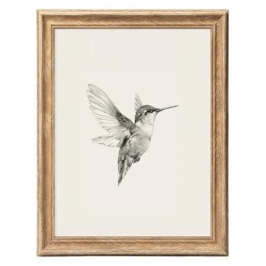 Imagem de ASTRDECOR Arte de parede de beija-flor vintage emoldurada 30 x 40, impressões em tela de pássaros com moldura de grão de madeira, imagem de pintura de esboço, decoração de parede rústica presentes