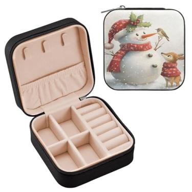 Imagem de Wassud Lindo boneco de neve com veado estojo de joias de viagem para mulheres, meninas, senhoras, noiva, mini organizador de joias de couro PU, caixa quadrada de armazenamento de joias para brincos