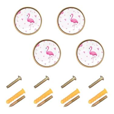 Imagem de Burbuja Maçanetas de armário de cozinha coração flamingos rosa, pacote com 4, puxadores redondos de 3,5 cm, puxadores de cômoda com parafusos para cozinha, quarto, armários, armário