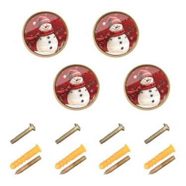 Imagem de Burbuja Puxadores de armário de cozinha de boneco de neve de Natal, pacote com 4, puxadores redondos de 3,5 cm, puxadores de cômoda com parafusos para armários de cozinha, quarto, armário