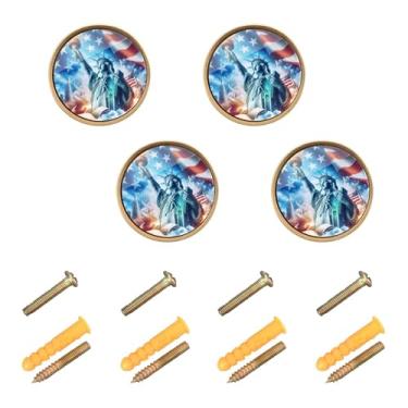 Imagem de Burbuja Maçanetas de armário de cozinha com bandeira Estátua da Liberdade, pacote com 4, puxadores redondos de 3,5 cm, puxadores de cômoda com parafusos para armários de cozinha, quarto, armário