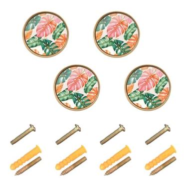 Imagem de Burbuja Maçanetas de armário de cozinha Tropical Jungle Leaves pacote com 4, puxadores redondos de 3,5 cm, puxadores de cômoda com parafusos para cozinha, quarto, armários, armários