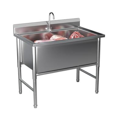 Imagem de Pia de aço inoxidável independente, pia de tigela única grande, pia de restaurante comercial, pia utilitária de aço inoxidável, com kit de drenagem e torneira, para restaurante, lavanderia, garagem