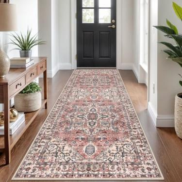 Imagem de KOZYFLY Tapete Boho Runner 9,5 x 2,3 m lavável tapete de corredor estampado de lã sintética para entrada quarto cozinha sala de estar interior macio design durável, terracota/bege