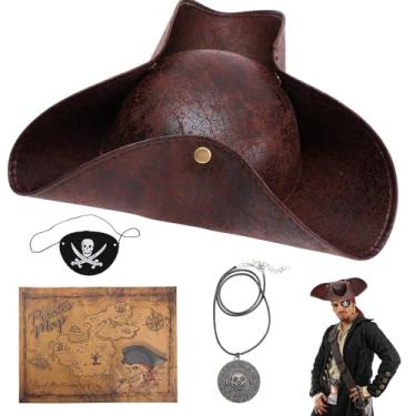 Imagem de Gabrella Conjunto de 4 peças de chapéu de pirata e acessórios com colarinho, mapa do tesouro, fantasia de pirata para homens e mulheres, fantasia de pirata, Halloween, cosplay, roupa renascentista