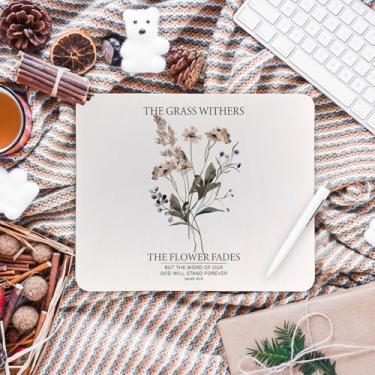 Imagem de Mouse pad cristão floral boho, Isaías 40:8 versículo da Bíblia mousepad para escritório em casa, dormitório, laptop, computador, acessórios de mesa, suprimentos, presentes cristãos para mulheres, 21 x