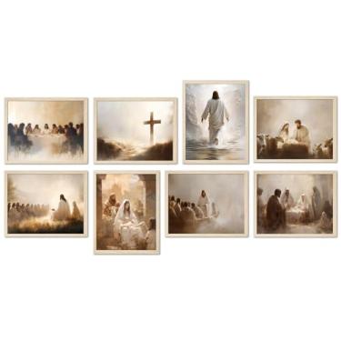 Imagem de WARTHZ Pôster de Jesus Cristão Conjunto de 8 Arte de Parede Vintage Última Ceia Religião Presépio Decoração de Parede Pintura Jesus Andando sobre a Água Impressões em Tela para Sala de Oração Quarto