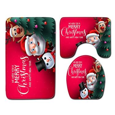 Imagem de 3 Peças Conjunto Estilo Papai Noel Impresso de Decoração Banheiro Tapete Pedestal Capa Tampa Vasco Sanitário Banho Flanela Macia Confortável Sem Cheir