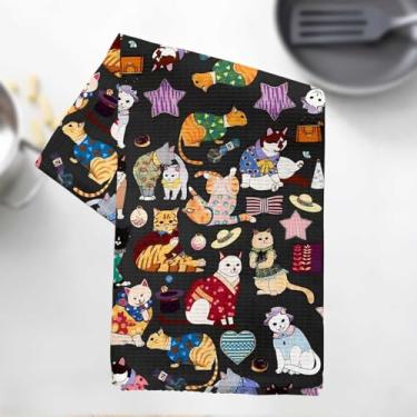 Imagem de Toalhas de cozinha chiques para gatos, estampa felina caprichosa toalha de prato decorativa de microfibra absorvente toalha de chá, toalhas de mão de waffle para cozinha, casa, banheiro, presentes