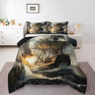 Imagem de Erosebridal Conjunto de cama casal, náutico pirata, para decoração de quarto infantil, barco à vela, navio à vela, oceano, marinho, edredom com 2 fronhas