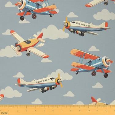 Imagem de Tecido de aeronave para meninos por jarda, nuvem branca cinza céu estofado, aviões aviação pano decorativo para móveis estofados de sofá, cinza laranja artesanato e suprimentos de costura faça você