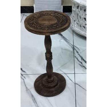 Imagem de Mesa de canto de madeira rústica, 30 x 55 cm - mesa lateral esculpida à mão, mesa de cabeceira com acabamento queimado para quarto, mesa de destaque pequena ou mesa de cabeceira para sala de estar