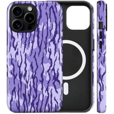 Imagem de flewfun Capa magnética para iPhone 16 Pro Max, capa de telefone camuflada roxa, à prova de choque, fina, macia e TPU (poliuretano termoplástico) e capa protetora rígida de policarbonato compatível com