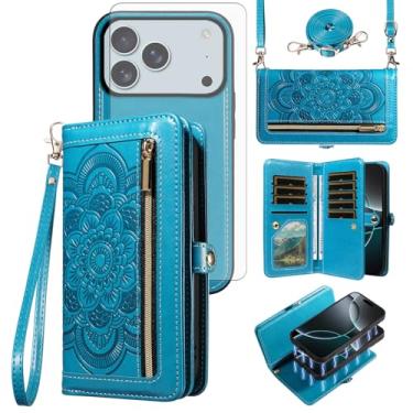 Imagem de Asuwish Capa de celular para iPhone 17 Pro 6,3 polegadas com zíper carteira destacável com protetor de tela de vidro temperado alça de pulso mandala flor porta-cartão de crédito i Phone17 i17 17Pro