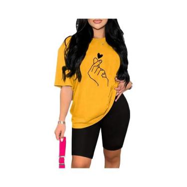 Imagem de Camiseta Casual Feminina De Verão Com Estampa De Coração, Manga Curta 