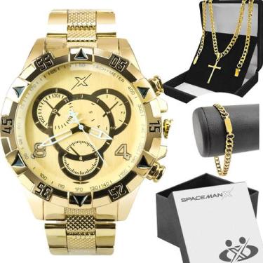 Imagem de Relogio Masculino Dourado Aço + Cordão + Pulseira + Caixa social pesad