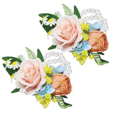 Imagem de Rinlong 2 peças de flores silvestres corsage flor artificial rosa pastel laranja corpete para casamento, baile de formatura, pulseira de pulso, noiva, dama de honra