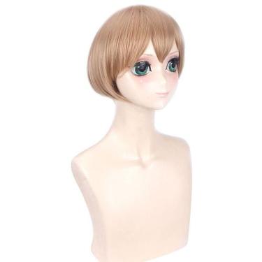 Imagem de Peruca de cosplay genérica curta loira com franja de 30 cm resistente 
