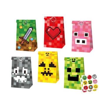 Imagem de 12 Sacolas De Papel Kraft Com Mosaico De Pixel Para Doces E Presentes 