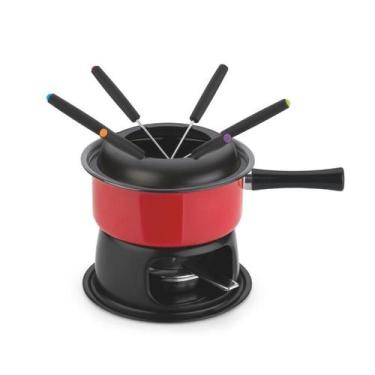 Imagem de Aparelho De Fondue Panela Vermelha Esmaltado 12 Peças Para Queijo Choc