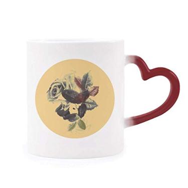 Imagem de Caneca de grés que muda de cor vermelha com folhas de flor de cor rosa sensível ao calor