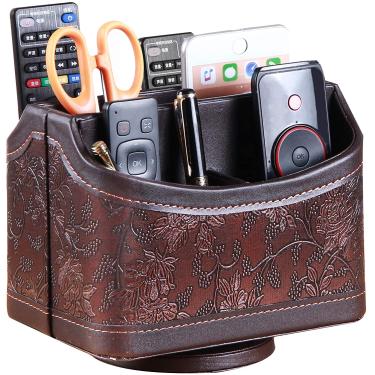 Imagem de SUPORTE DE CONTROLE REMOTO PUSU Leather 360°Rotatable, Tormo TV Remote Caddy, Office Supplies Desktop Organizer, Spinning Storage Box for Pen,Mail,Phone,DVD, Blu-Ray, Media Player, Heater Controllers