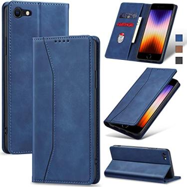 Imagem de Jasonyu Flip Carteira Capa para iPhone SE 2022/2020/8/7,Capinha Folio Magnética de Couro com Suporte para Cartão,Suporte para Chute - Protetora Durável de TPU à Prova de Choque para Telefone,Azul