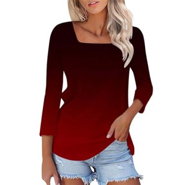 Imagem de Camisetas femininas com gola quadrada manga 3/4, casuais, básicas, de verão, estampadas, soltas, túnica, #04-vermelho, GG