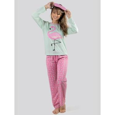 Imagem de Pijama Longo Flamingo Adulto Com Tapa Olho Moda De Dormir RLC Modas, F