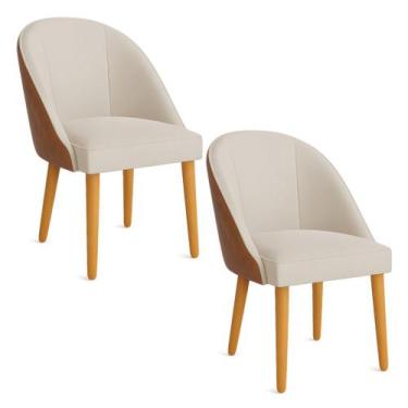 Imagem de Kit 02 Cadeiras Poltrona de Jantar Bela Corano Nozes e Linho Bege Pés 