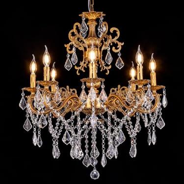 Imagem de Wellmet Lustre De Cristal Wellmet, Luminária Maria Theresa Luxo Para Sala Jantar, Pendente Dourado 8 Luzes, Estar, Quarto, Escada, D 28", Latão