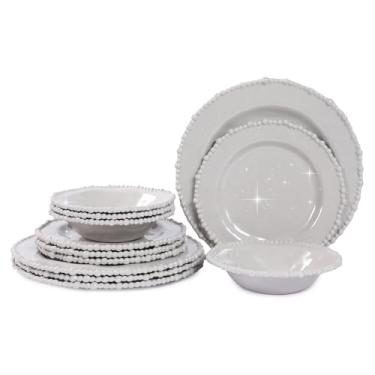 Imagem de Lechoo Conjunto de louça de melamina pérola cinza, conjunto de pratos de jantar de plástico com 12 peças, serviço para 4 pratos e tigelas de cozinha inquebráveis
