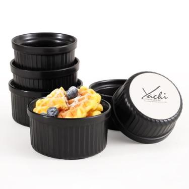 Imagem de Yachi Ramekins de suflê preto: Conjunto de 6 peças de cerâmica de 118 ml, conjunto de ramekin para forno de grés seguro para servir para molhos | Sopa de cebola | Bolo de lava | Pudim | Creme Brulee |