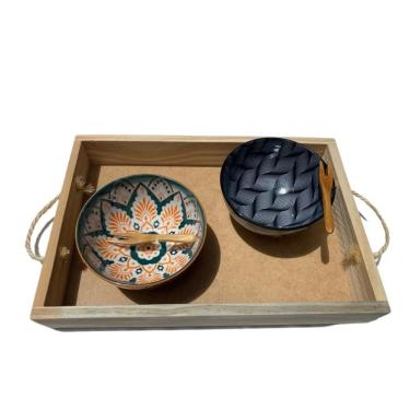 Imagem de Bandeja De Madeira Feita A Mão Com Alças Em Corda E 2 Bowls