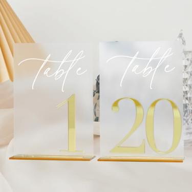 Imagem de Números de mesa de casamento de acrílico 1-20 com suportes, placas de acrílico fosco de 12,7 x 17,8 cm com números espelhados dourados 3D, números de mesa 3D foscos e dourados para recepção de