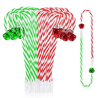 Imagem de 48 peças de canetas de Natal vermelho verde doce Canetas de bengala com tinta preta sino canetas esferográficas de 0,7 mm caneta de sino divertida para lembrancinhas de festa de Natal escritório casa decoração de férias canetas de presente suprimentos de papelaria