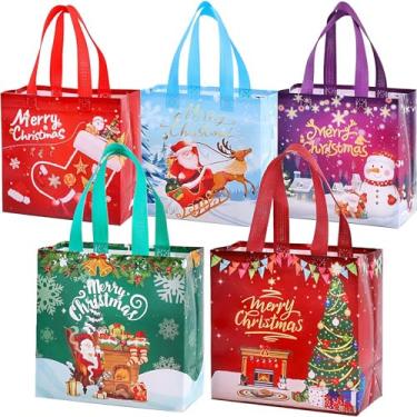 Imagem de Menzcci Pacote com 5 sacos de presente decorativos de Natal - 22 x 11 x 23 cm, sacos coloridos não tecidos, sacos de doces para lembrancinhas de Natal, presentes de festa