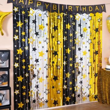 Imagem de Decorações de festa LolStar Black Gold Star Foil Cortinas 1x2m