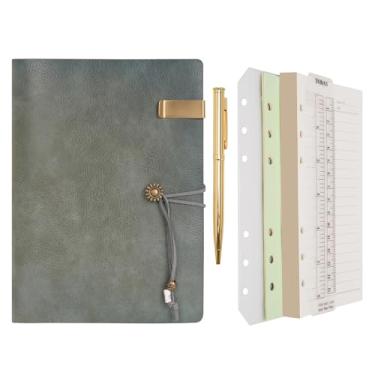 Imagem de WONDERPOOL Caderno e caneta de papel forrado de couro – fichário recarregável com 6 anéis para escrever diário em espiral com blocos de notas pautados, capa vintage para escritório, viagens, trabalho