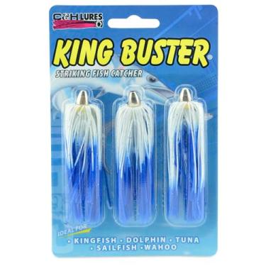 Imagem de C&H Lures, Isca King Buster, saia brilhante azul/branca, cabeça de 1/226.8 g, 6.3 cm, 3 peças