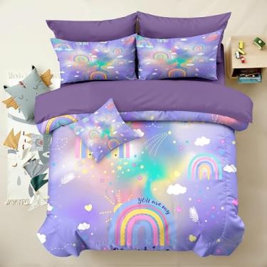 Imagem de Yadangxiawa Jogo de cama solteiro com arco-íris, 6 peças, para adolescentes, 1 colcha + 1 lençol de cima + 1 lençol com elástico + 2 fronhas + 1 capa de almofada (arco-íris-C solteiro)