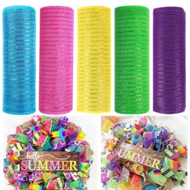 Imagem de JStnana 5 rolos de fita de malha de verão para grinalda, 25,4 cm x 7,6 m por rolo, rolos de malha decorativa, rosa, azul, amarelo, verde, roxo, para primavera, verão, Páscoa, chá de bebê, festa