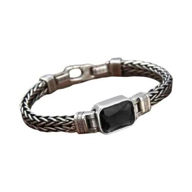 Imagem de Pulseira De Casal Vintage Prata Com Pedra Preta, Corrente Trançada À M