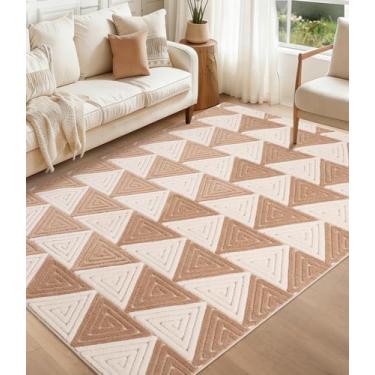 Imagem de YIHOUSE Tapetes neutros ultra macios 15 x 23 cm, tapete geométrico bege com padrões triangulares, tapete liso confortável para quarto, tapetes laváveis Japandi para sala de estar