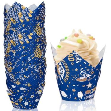 Imagem de Nuenen 200 peças de forros de cupcake de tulipa de formatura a granel 2025 Parabéns Grad Paper Baking Cup Suportes de forros de muffin à prova de gordura para graduação boné de bolo copo de papel