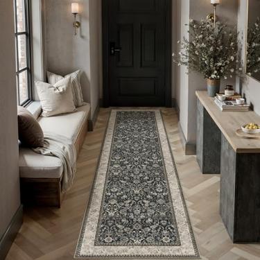 Imagem de HUGEAR Tapete de corredor de 5 x 15 cm, lavável na máquina, preto, bege, tapetes decorados para ambientes internos, floral, tapete de pelo baixo, desgastado, quarto, sala de estar, escritório, jantar