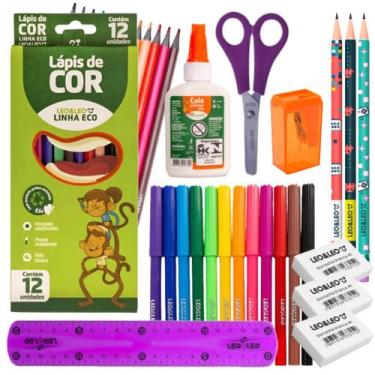 Imagem de Kit Lápis de Cor 24 Cores Hidrocor Apontador Lápis Borracha Cola Mater