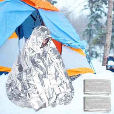 Imagem de 2 peças, cobertor de emergência, película de alumínio refletivo, térmico de sobrevivência, cobertor para acampamento, caminhada, ao ar livre, capa térmica à prova d'água, prateado